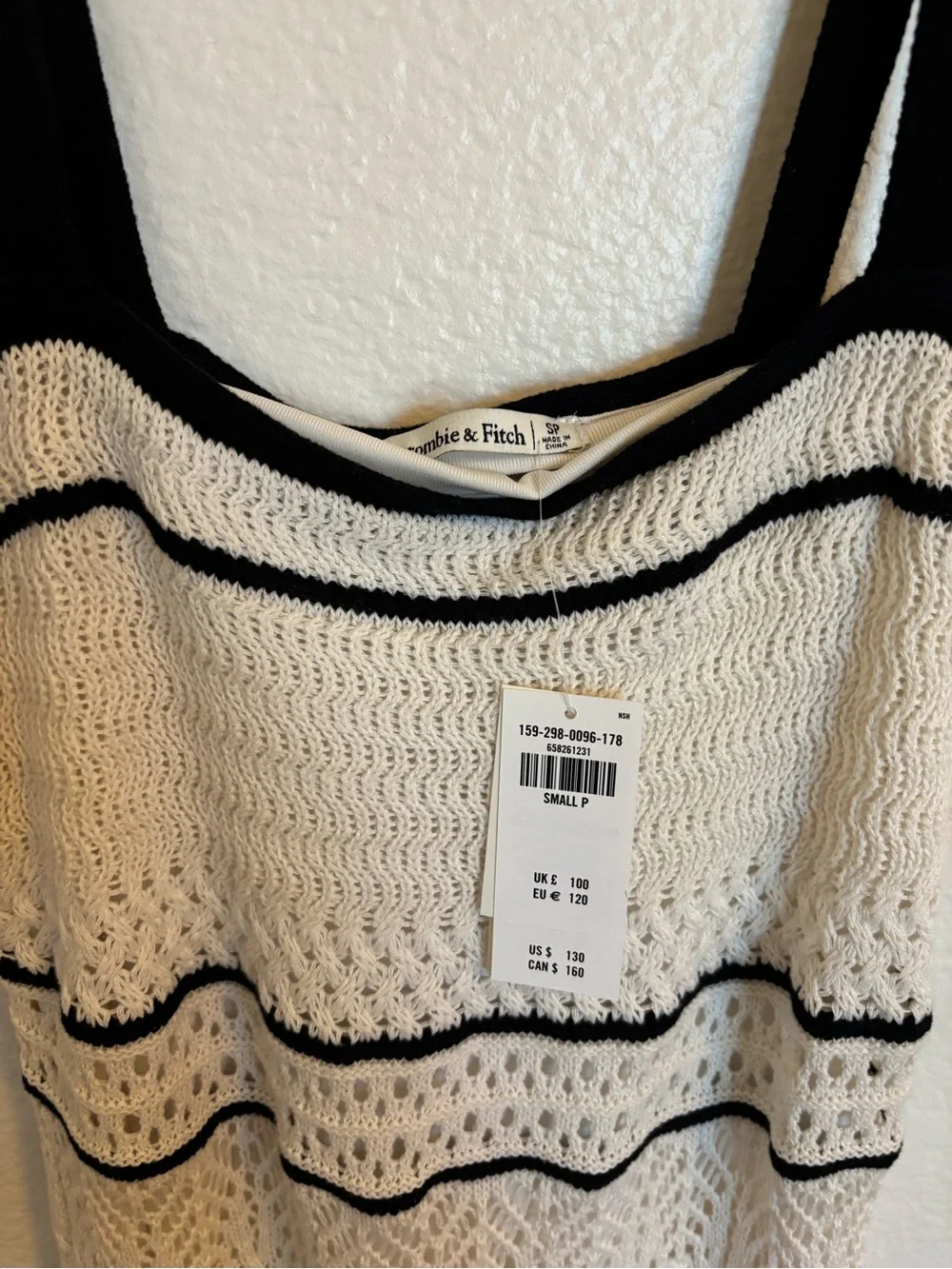 Abercrombie Women's Cream Crochet Maxi Dress with Black Trim